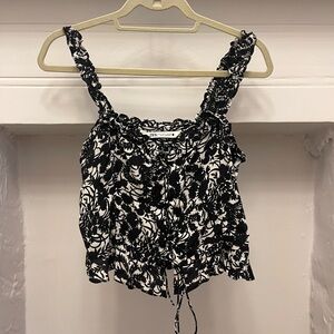 Zara Patterned Lace Up Blouse, Black & White, Small